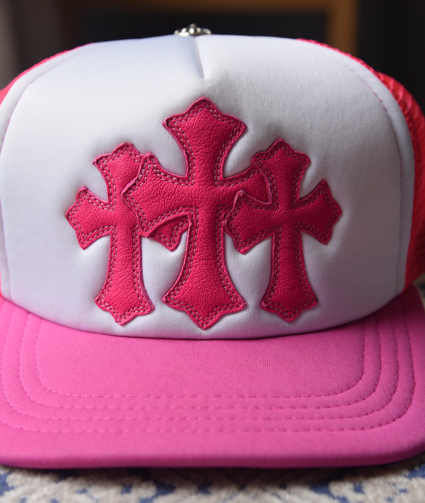 Chrome Hearts pink triple cross trucker hat · 1