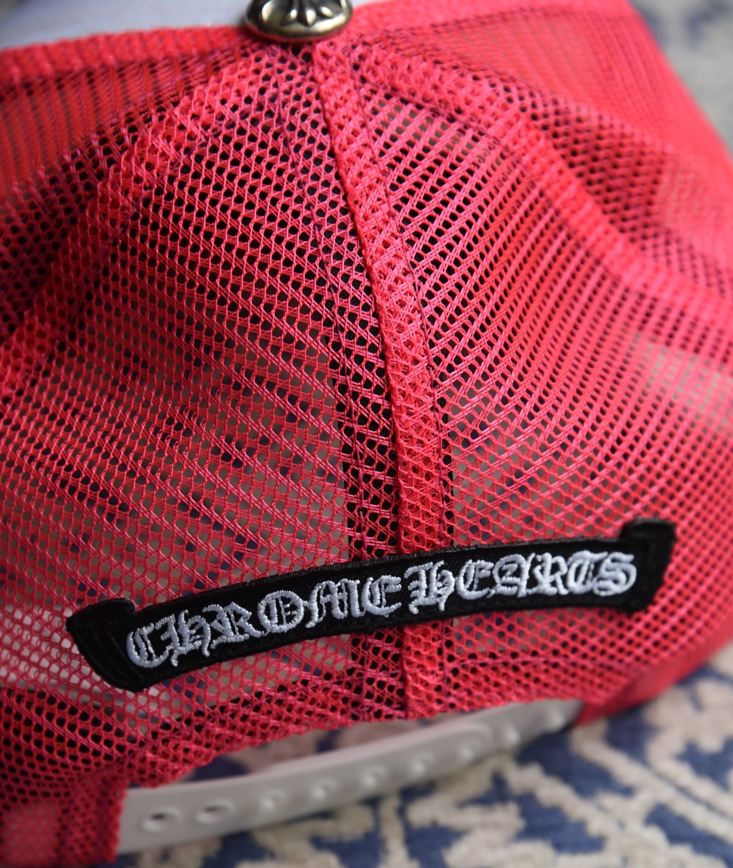 Chrome Hearts pink triple cross trucker hat · 2